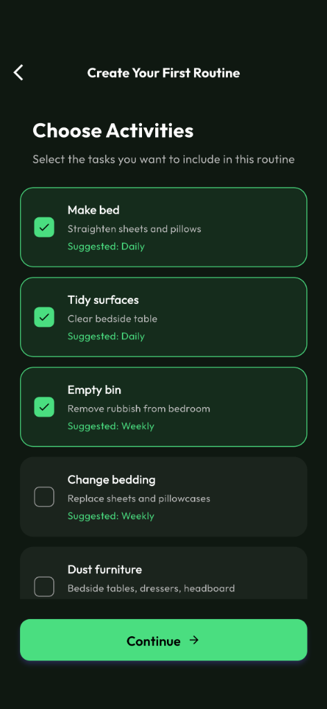 Select Cleaning Activities Screen