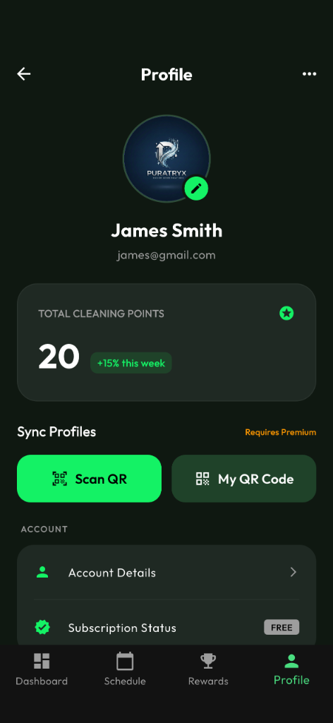 Profile page showing total points and sync details